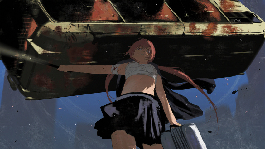 1girl bandaged_arm bandaged_chest bandages black_skirt blood blood_on_bandages briefcase bus cracked_glass debris evil_grin evil_smile flashlight from_below grin highres holding holding_briefcase holding_flashlight ippotsk jacket jacket_on_shoulders long_hair motion_lines motor_vehicle musujime_awaki outstretched_arm pink_eyes pink_hair pleated_skirt psychic rubble school_uniform skirt smile solo teleport toaru_majutsu_no_index twintails