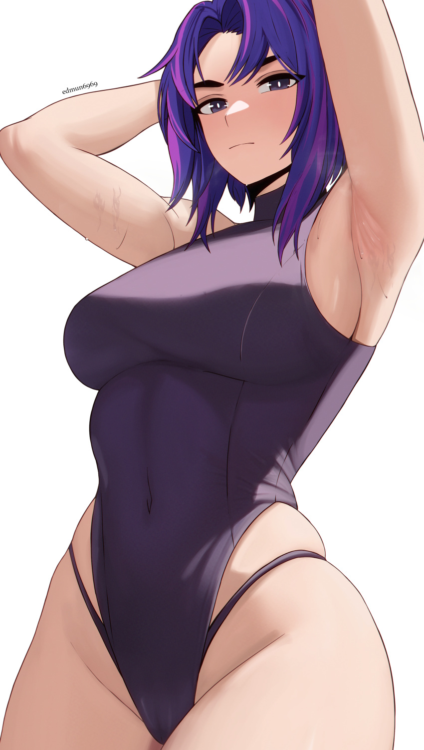 1girl :| absurdres armpits arms_behind_head arms_up artist_name bangs boku_no_hero_academia breasts closed_mouth covered_navel edmun expressionless highleg highleg_leotard highleg_panties highres lady_nagant large_breasts leotard looking_at_viewer multicolored_hair panties panties_under_leotard parted_bangs pink_hair purple_eyes purple_hair purple_leotard purple_panties short_hair sideboob skindentation sleeveless_turtleneck_leotard solo sweat two-tone_hair underwear white_background