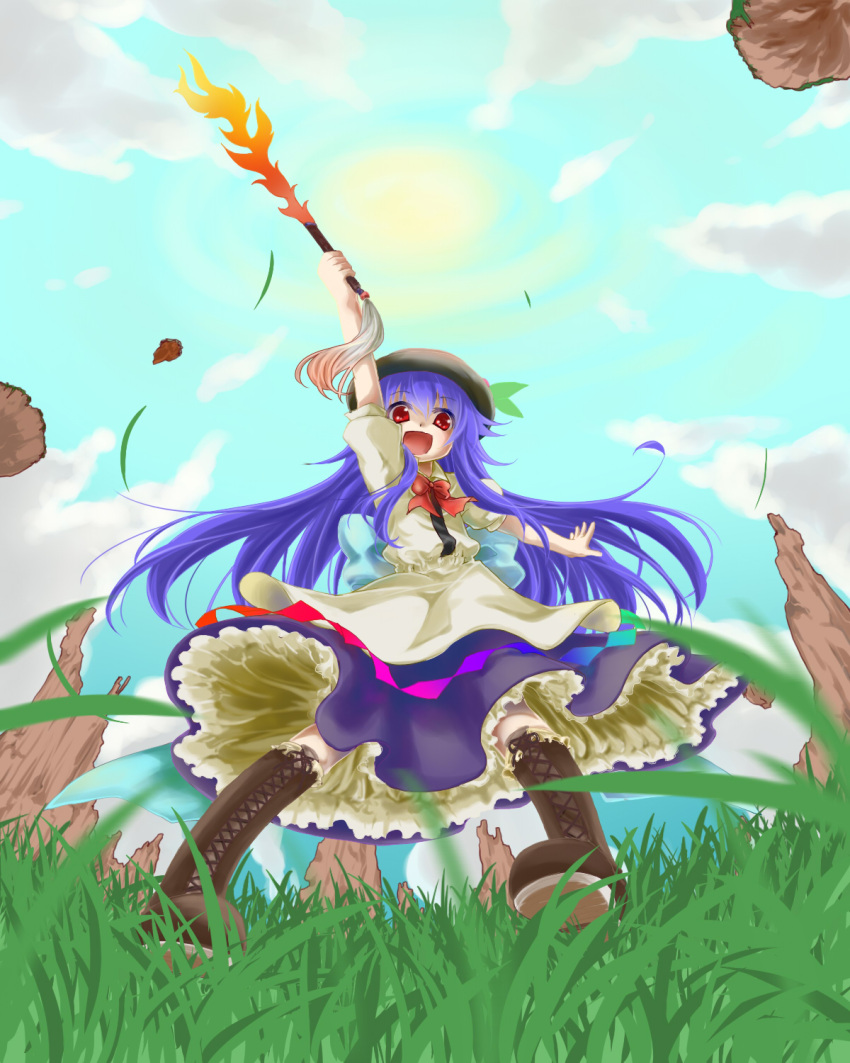 1girl :d arm_up bangs black_headwear blue_hair blue_sky boots bow bowtie brown_footwear cloud commentary_request cross-laced_footwear flat_chest from_below full_body grass highres hinanawi_tenshi holding holding_sword holding_weapon iwaserie leaf long_hair looking_at_viewer open_mouth outdoors petticoat puffy_short_sleeves puffy_sleeves purple_skirt rainbow_gradient red_bow red_bowtie red_eyes rock shirt short_sleeves skirt sky smile solo sun sword sword_of_hisou touhou very_long_hair weapon white_shirt