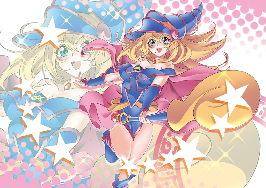 1girl blonde_hair blue_footwear blue_headwear blush blush_stickers breasts cleavage collarbone dark_magician_girl duel_monster green_eyes hat hexagram large_breasts long_hair looking_at_viewer open_mouth pentacle pentagram pinko_(pinkuroao) second-party_source smile solo staff star_(symbol) wand wizard_hat yu-gi-oh! yu-gi-oh!_duel_monsters