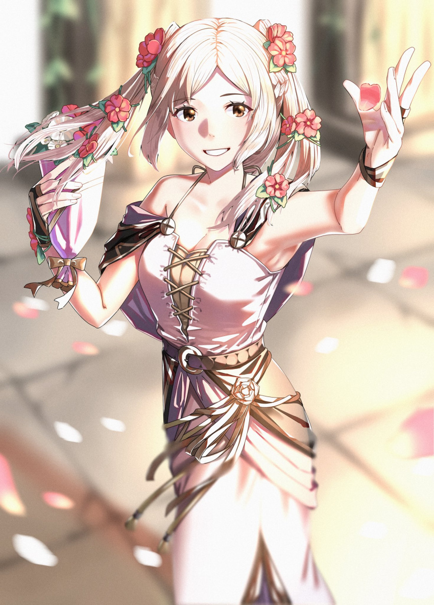 1girl adapted_costume bare_shoulders blurry blurry_background breasts brown_eyes cleavage collarbone depth_of_field fire_emblem fire_emblem_awakening fire_emblem_heroes flower hair_flower hair_ornament highres large_breasts official_alternate_costume petals robin_(female)_(fire_emblem) robin_(female)_(valentine)_(fire_emblem) robin_(fire_emblem) sleeveless smile solo tpicm twintails white_hair