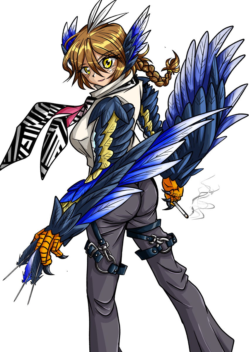 1girl absurdres animal_ears animal_hands belt bird_ears black_feathers black_wings blue_feathers blue_wings braid breasts brown_hair cigarette claws commentary_request feathers hair_between_eyes harpy highres holding holding_cigarette large_breasts long_hair looking_at_viewer looking_back monster_girl original oyluser0715 pants scarf shirt solo two-tone_scarf two-tone_wings white_shirt wings yellow_eyes