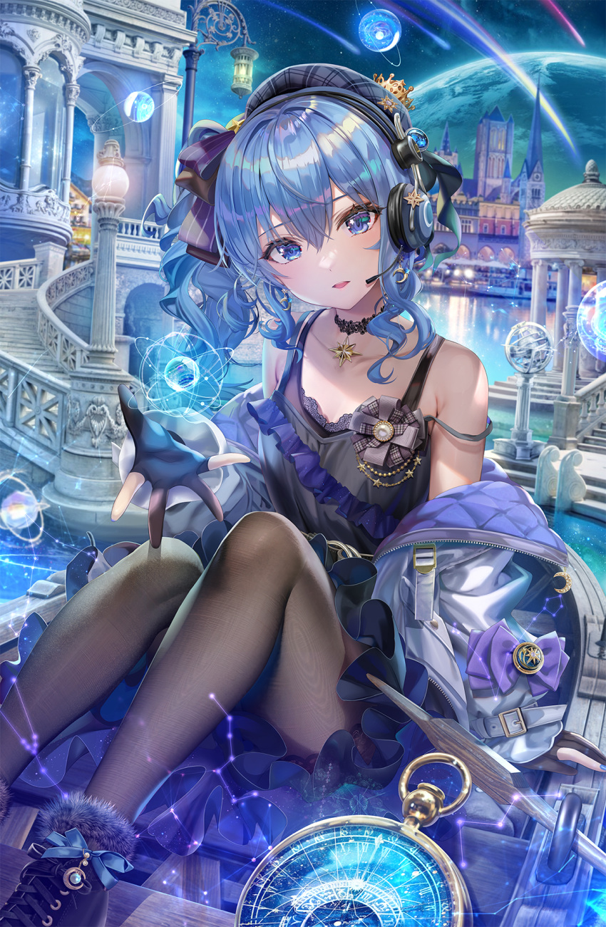 1girl bangs beret blue_eyes blue_hair blush choker dress fur_trim gloves hair_between_eyes hat highres hoshimachi_suisei jacket jewelry long_hair looking_at_viewer meteor_shower microphone pantyhose parted_lips partially_fingerless_gloves ribbon shoes side_ponytail sitting sleeveless sleeveless_dress solo star_(symbol) star_in_eye symbol_in_eye torino_aqua virtual_youtuber