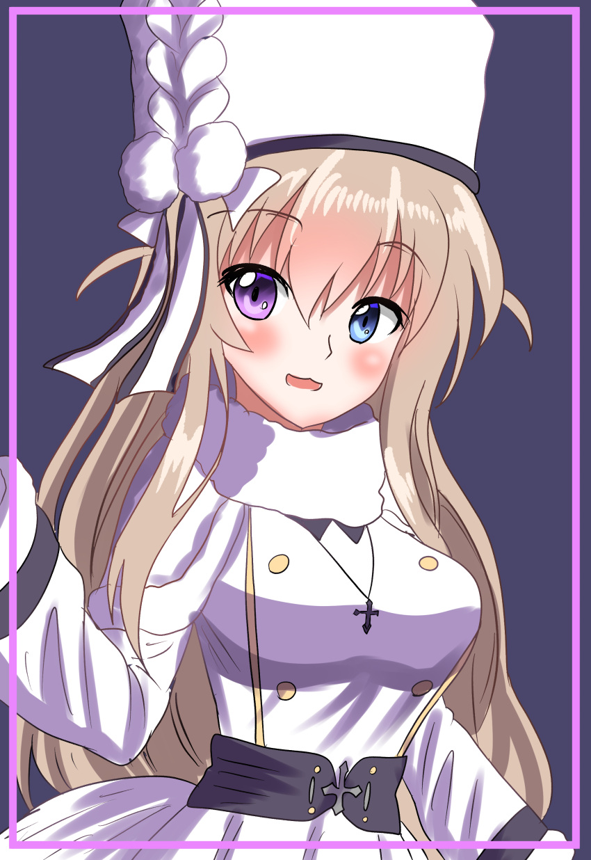 1girl absurdres azur_lane blonde_hair blue_eyes blush breasts coat cross cross_necklace dress fur-trimmed_dress fur_hat fur_trim hair_between_eyes hat heterochromia highres jewelry large_breasts long_hair murmansk_(azur_lane) necklace open_mouth papakha purple_eyes solo user_usws8478 white_coat white_headwear winter_clothes winter_coat