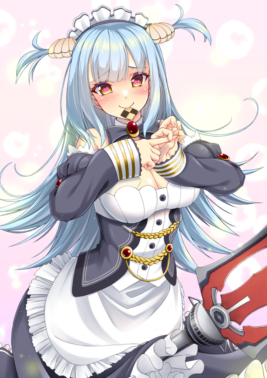 1girl aqua_hair azur_lane bangs bare_shoulders blue_hair blush breasts checkerboard_cookie clam_shell cleavage commission cookie detached_collar dress food frilled_dress frills gekato heart heart-shaped_pupils highres maid maid_headdress neptune_(azur_lane) penetration_gesture shell_hair_ornament skeb_commission solo symbol-shaped_pupils yellow_eyes