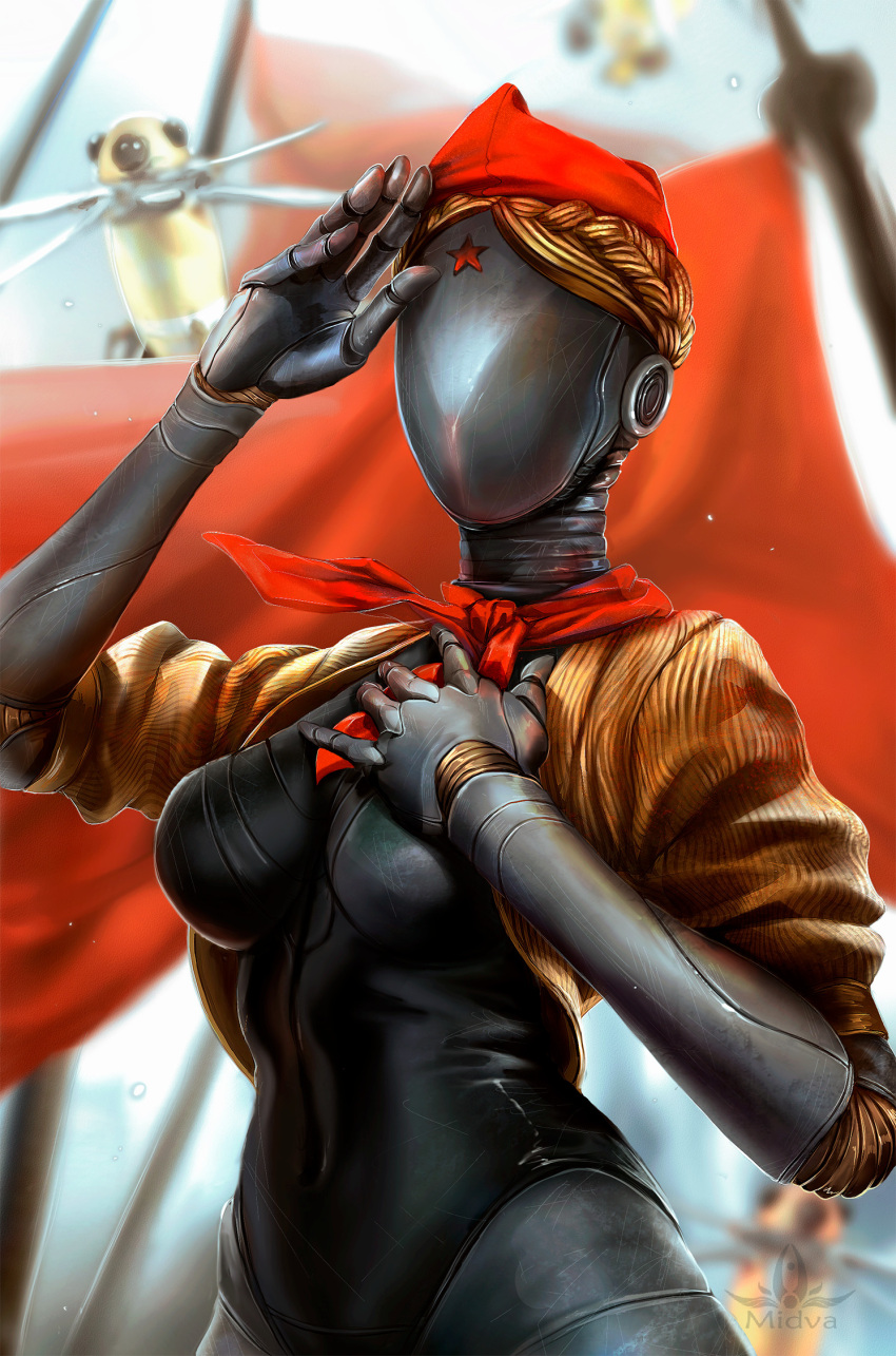 1girl android atomic_heart blonde_hair braid breasts clothed_robot cropped_jacket crown_braid faceless faceless_female gold_jacket highres humanoid_robot jacket large_breasts metal_skin midva_(midva_art) neckerchief open_clothes open_jacket pioneer_movement pioneer_neckerchief red_flag red_neckerchief red_star right_(atomic_heart) robot robot_girl siblings soviet yellow_jacket