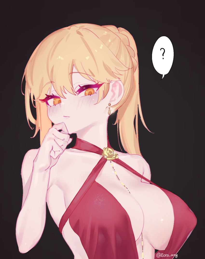 1girl ? black_background blonde_hair braid breasts cleavage_cutout clothing_cutout cocktail_dress dress earrings eonsang french_braid girls'_frontline halter_dress halterneck hand_on_own_cheek hand_on_own_face highres jewelry official_alternate_costume ots-14_(girls'_frontline) ots-14_(ruler_of_the_banquet)_(girls'_frontline) plunging_neckline ponytail red_dress upper_body yellow_eyes