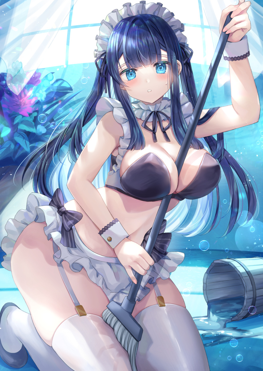 1girl arm_up bare_shoulders between_breasts bikini bikini_skirt black_bikini blue_eyes blue_hair blue_theme breasts bucket choker cleavage colored_inner_hair commentary_request frilled_bikini frilled_choker frilled_skirt frills fujimori_shiki garter_straps highres holding holding_mop kneeling large_breasts long_hair looking_at_viewer maid_bikini maid_headdress miniskirt mop multicolored_hair navel open_mouth original shoes skindentation skirt solo stomach sweatdrop swimsuit thighhighs thighs two-tone_hair water white_skirt white_thighhighs wrist_cuffs