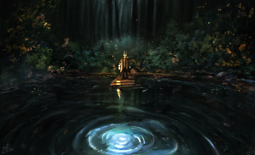 absurd_res anthro clothing dr_rabbit_(tomtc) forest hi_res lagomorph lamp lantern leporid mammal outside painting_(artwork) plant rabbit signature solo suit tomtc traditional_media_(artwork) tree water