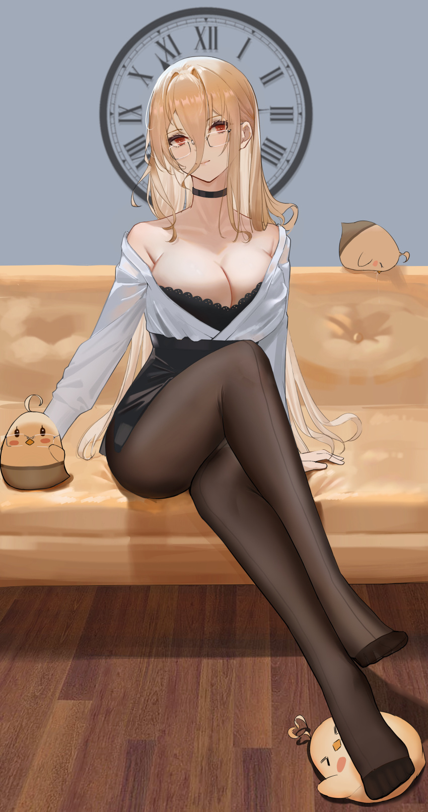 1girl absurdres analog_clock arm_rest azur_lane bangs bare_shoulders bird black_bra black_choker black_pantyhose black_skirt blonde_hair bra breasts choker cleavage clock closed_mouth collarbone couch crossed_legs feet full_body glasses hair_between_eyes highres implacable_(azur_lane) implacable_(shepherd_of_the_"lost")_(azur_lane) indoors large_breasts legs long_bangs long_hair long_sleeves looking_at_viewer manjuu_(azur_lane) no_shoes off_shoulder on_couch open_clothes open_shirt pantyhose pencil_skirt rectangular_eyewear red_eyes roman_numeral shirt sidelocks sitting skirt smile teacher thighs toes underwear veco very_long_hair white_shirt wooden_floor