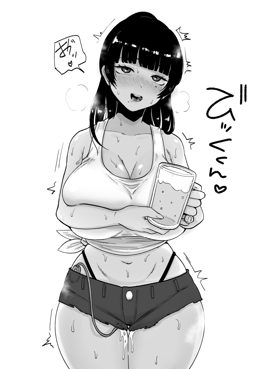 1girl absurdres ahegao alcohol backlighting bangs bare_shoulders beer blunt_bangs blush breasts breath cleavage collarbone commentary_request controller cowboy_shot crop_top cup drink drinking_glass drooling female_orgasm greyscale half-closed_eyes hands_up happy head_tilt heart highleg highleg_panties highres holding holding_cup holding_drink large_breasts long_hair looking_up micro_shorts moaning mole mole_under_eye monochrome nezumi_nobo nose_blush open_mouth orgasm original panties ponytail pussy_juice remote_control remote_control_vibrator rolling_eyes saliva sex_toy shirt shorts sidelocks sleeveless sleeveless_shirt smile solo speech_bubble spoken_heart standing steam steaming_body straight-on sweat teeth thighs tied_shirt tongue translation_request trembling underwear vibrator vibrator_cord vibrator_under_clothes wide_hips