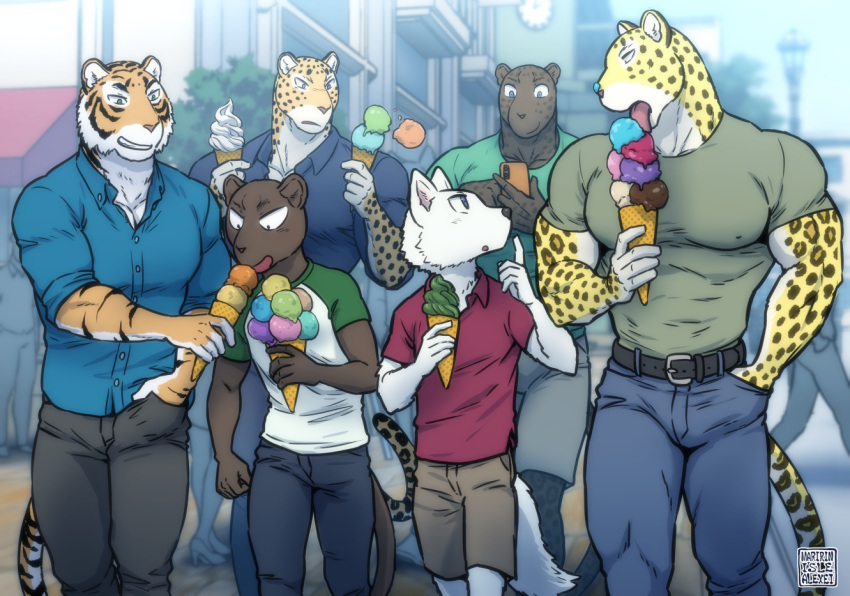 2022 alex_(maririn) anthro belt big_pecs black_body black_fur black_spots black_stripes blue_clothing blue_eyes blue_shirt blue_topwear canid canine canis cellphone charr_(maririn) child clothed clothing coal_(maririn) dessert dropping_food dropping_ice_cream eating eating_food elias_(maririn) father father_and_child father_and_son felid food food_on_face fur green_clothing green_shirt green_topwear grin group hand_in_pocket holding_cellphone holding_food holding_ice_cream holding_object holding_phone ice_cream jaguar leopard looking_at_cellphone looking_at_object looking_at_phone male mammal maririn muscular muscular_anthro muscular_male orange_body orange_fur outside pantherine parent parent_and_child pecs phone pockets red_clothing red_shirt red_topwear sharing_food shirt smile son spots stripes tiger tobias_fretchman topwear tyson_clawing walking white_body white_fur wolf yellow_body yellow_fur young