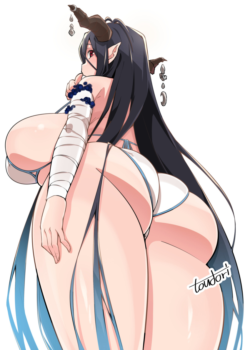 1girl antenna_hair ass bandaged_arm bandages bikini black_hair breasts butt_crack cowboy_shot danua draph gigantic_breasts granblue_fantasy highres horn_ornament horns huge_ass long_hair looking_back red_eyes sideboob solo string_bikini swimsuit thighs thumb_sucking thumb_to_mouth toudori white_background white_bikini