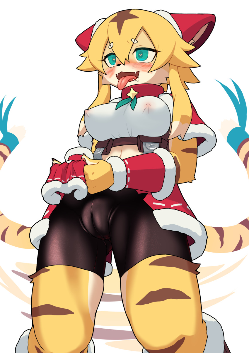 1girl :3 afterimage animal_ears arm_warmers bangs bike_shorts blonde_hair blue_eyes blue_ribbon blush body_fur boots breasts brown_fur brown_hair cameltoe capelet christmas clothes_lift collar commentary_request covered_nipples crop_top drooling ear_covers ears_down facial_mark fangs flashing fur-trimmed_arm_warmers fur-trimmed_capelet fur-trimmed_footwear fur-trimmed_skirt fur_trim furry furry_female gurin_(glin720) hair_flaps happy heart heart-shaped_pupils highres knee_boots large_breasts lifted_by_self long_hair mia_(world_flipper) miniskirt multicolored_fur multicolored_hair navel nipples nose_blush official_alternate_costume open_mouth own_hands_together raised_eyebrows red_capelet red_skirt ribbon saliva santa_costume see-through shirt sidelocks simple_background skirt skirt_lift smile solo standing striped_fur striped_tail symbol-shaped_pupils tail tail_ornament tail_raised tail_ribbon tail_wagging thighs tiger_ears tiger_girl tiger_tail tongue tongue_out whisker_markings white_background white_fur white_hair white_shirt world_flipper yellow_fur