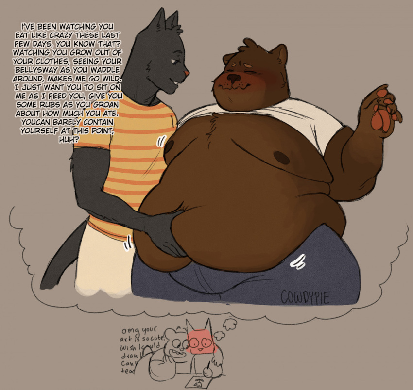 5_fingers anthro bear belly_overhang big_moobs black_body black_fur blush brown_body brown_fur clothing cowdypie daydream domestic_cat drawing duo english_text eyebrows felid feline felis fingerpads fingers flower fur hand_on_shoulder hand_on_stomach hi_res klaus_(cowdypie) love_handles male male/male mammal moobs motion_lines multicolored_body multicolored_fur overweight overweight_male pattern_clothing pattern_shirt pattern_topwear pawpads plant raised_eyebrows remi_(cowdypie) shirt signature striped_clothing striped_shirt striped_topwear stripes text thought_bubble topwear touching_belly two_tone_body two_tone_fur white_clothing white_shirt white_topwear