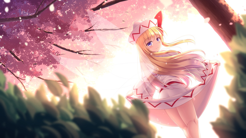 1girl blonde_hair blue_eyes blush cherry_blossoms closed_mouth clothes_lift dress dress_lift fairy fairy_wings feet_out_of_frame hat highres lifted_by_self lily_white long_hair long_sleeves looking_at_viewer looking_back lzh solo touhou white_dress white_headwear wings