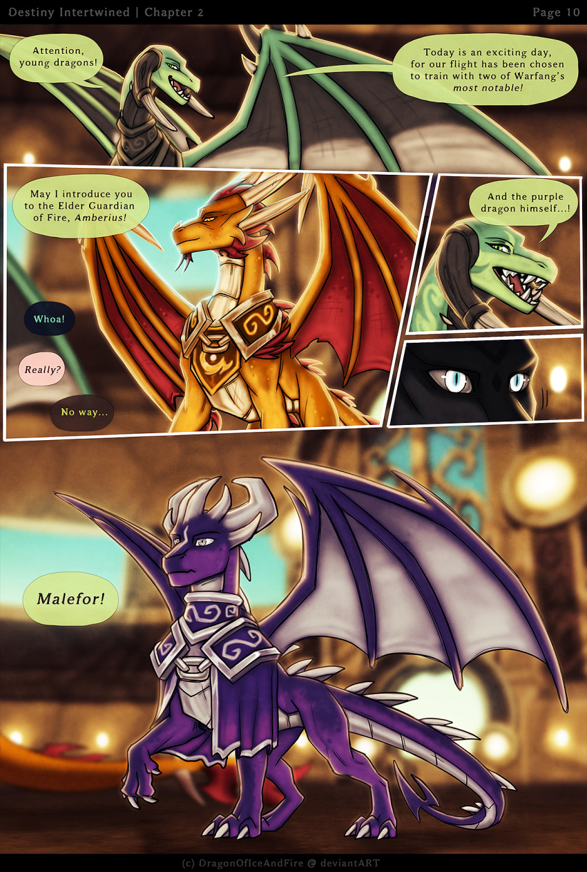 2022 activision black_body claws clothing colored comic dialogue dialogue_box dragon dragonoficeandfire english_text female feral green_body group hayze_(dragonoficeandfire) hi_res horn male malefor pupils purple_body quadruped scalie slit_pupils speech_bubble spyro_the_dragon text therris_(dragonoficeandfire) western_dragon wings