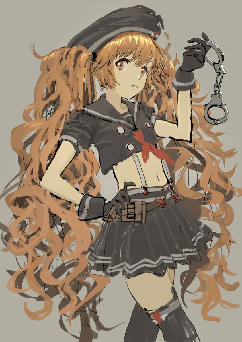1girl ammunition_belt ammunition_pouch arm_up brown_eyes brown_hair cropped_shirt cuffs fang feet_out_of_frame flat_chest goddess_of_victory:_nikke hand_on_hip handcuffs hat highres holding holding_handcuffs light_blush long_hair looking_at_viewer midriff military_hat miniskirt miranda_(nikke) navel neckerchief pleated_skirt pouch red_neckerchief s1gedd sailor_collar sailor_shirt shirt simple_background sketch skin_fang skirt solo standing twintails very_long_hair