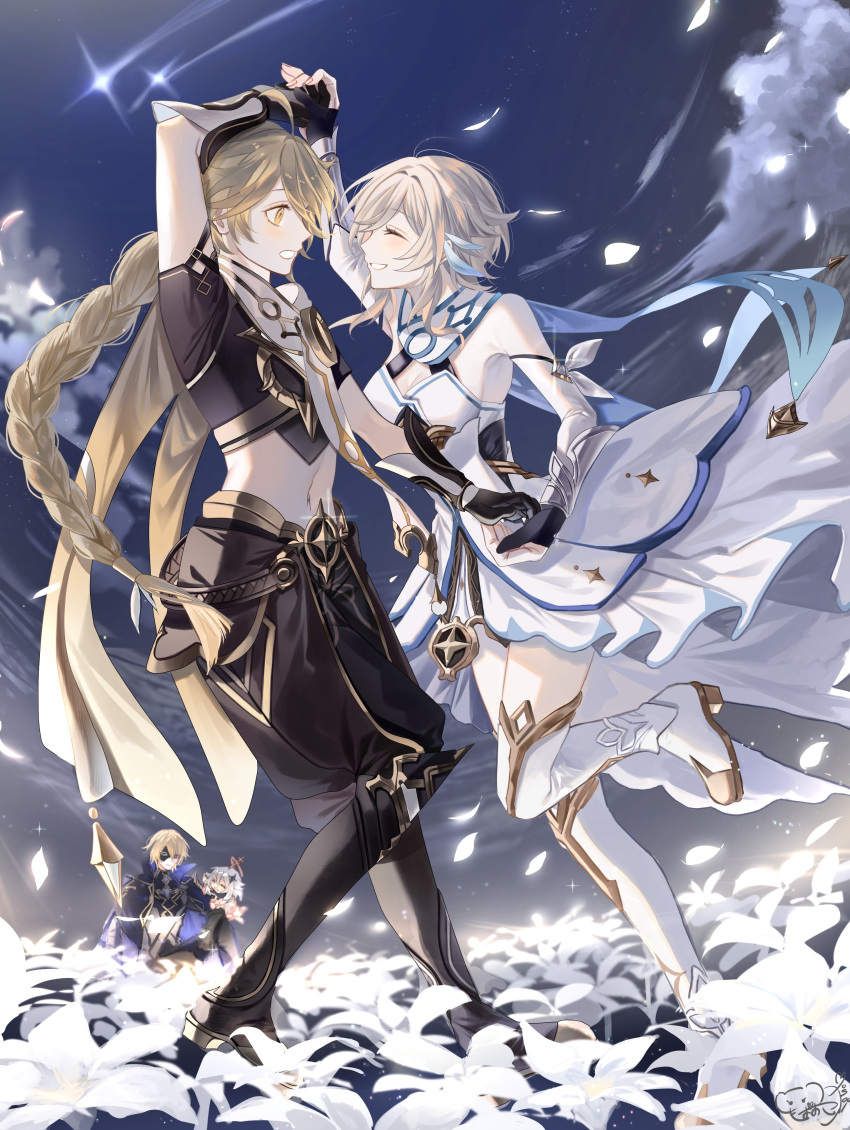 2boys 2girls absurdres aether_(genshin_impact) ahoge arm_up baggy_pants bangs bare_shoulders black_footwear black_gloves black_pants black_shirt black_sky blonde_hair blue_coat blue_gemstone blue_sky blush boots braid breasts brother_and_sister closed_eyes closed_mouth cloud cloudy_sky coat crystal_hair_ornament dainsleif_(genshin_impact) detached_sleeves dress feather_hair_ornament feathers fingernails flower flying gem genshin_impact gloves gradient_sky grey_hair grey_vest hair_between_eyes hair_ornament hair_ribbon halo hand_up hands_on_another's_shoulder highres leg_up long_hair long_sleeves looking_at_another lumine_(genshin_impact) mask medium_breasts mora_ga_nee multiple_boys multiple_girls navel night night_sky open_clothes open_coat open_mouth outdoors paimon_(genshin_impact) pants petals pink_dress pink_footwear puffy_long_sleeves puffy_sleeves purple_eyes ribbon scarf shirt short_hair short_hair_with_long_locks short_sleeves siblings sidelocks sky smile sparkle standing standing_on_one_leg star_(symbol) teeth two-tone_dress two-tone_footwear vest vision_(genshin_impact) white_dress white_flower white_footwear white_ribbon white_scarf yellow_eyes