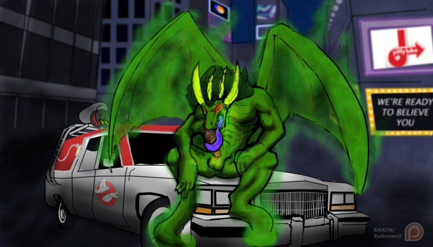 5_fingers abs anthro auto_penis_lick autofellatio balls biceps big_penis billboard building city city_background detailed_background digital_media_(artwork) dragon erection fingers genitals ghost ghostbusters_(2016) glowing glowing_eyes green_body green_hair hair horn humanoid_hands jiffy_lube licking long_tongue looking_at_viewer male marquee masturbation mayhem_(ghostbusters) membrane_(anatomy) membranous_wings muscular muscular_anthro muscular_male night nipples no_pupils nude on_hood open_mouth oral oral_masturbation outside pecs penile penile_masturbation penis purple_tongue raiken red_eyes self_lick sharp_teeth sitting sitting_on_car skyscraper solo spirit spread_legs spreading teeth tongue tongue_out translucent translucent_body translucent_wings wings