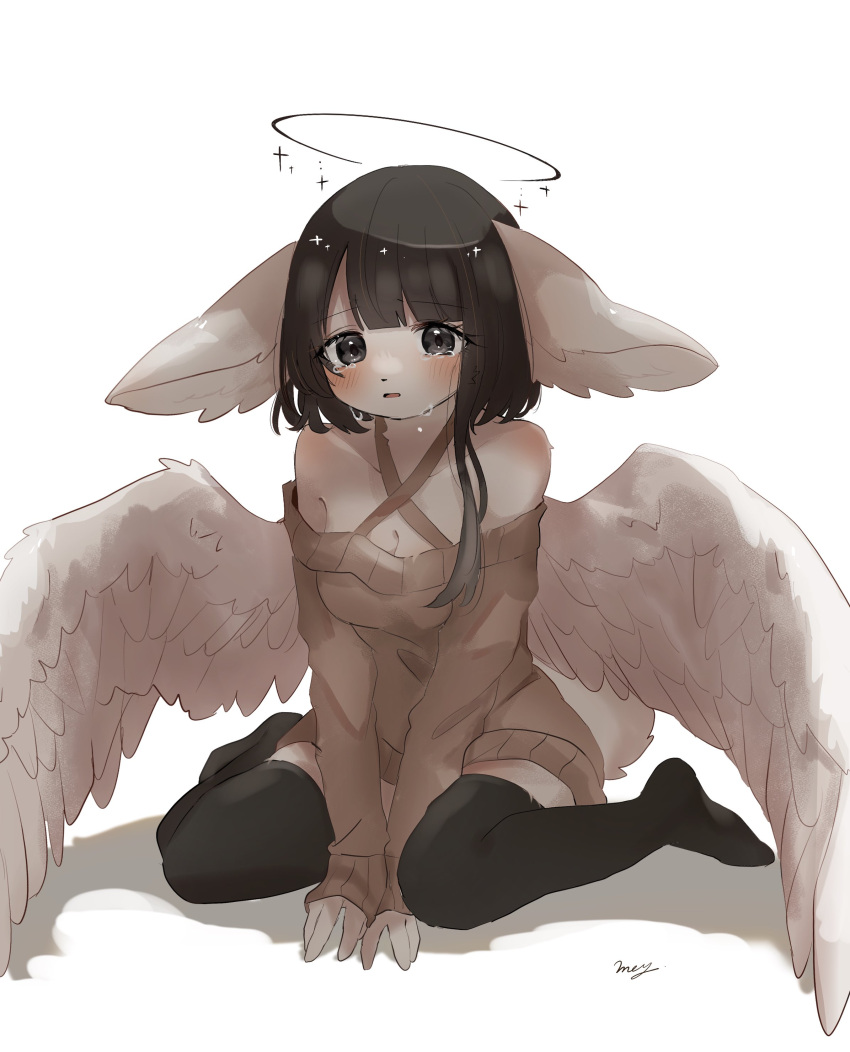 115meg absolute_territory absurd_res angelic anthro big_ears black_hair blush bob_cut bodily_fluids braless breasts cleavage clothed clothing crying feathered_wings feathers female fluffy fluffy_tail glistening glistening_eyes grey_eyes hair halo hands_between_legs hi_res legwear medium_breasts natural_breasts simple_background solo stockings tail tears unknown_species wings