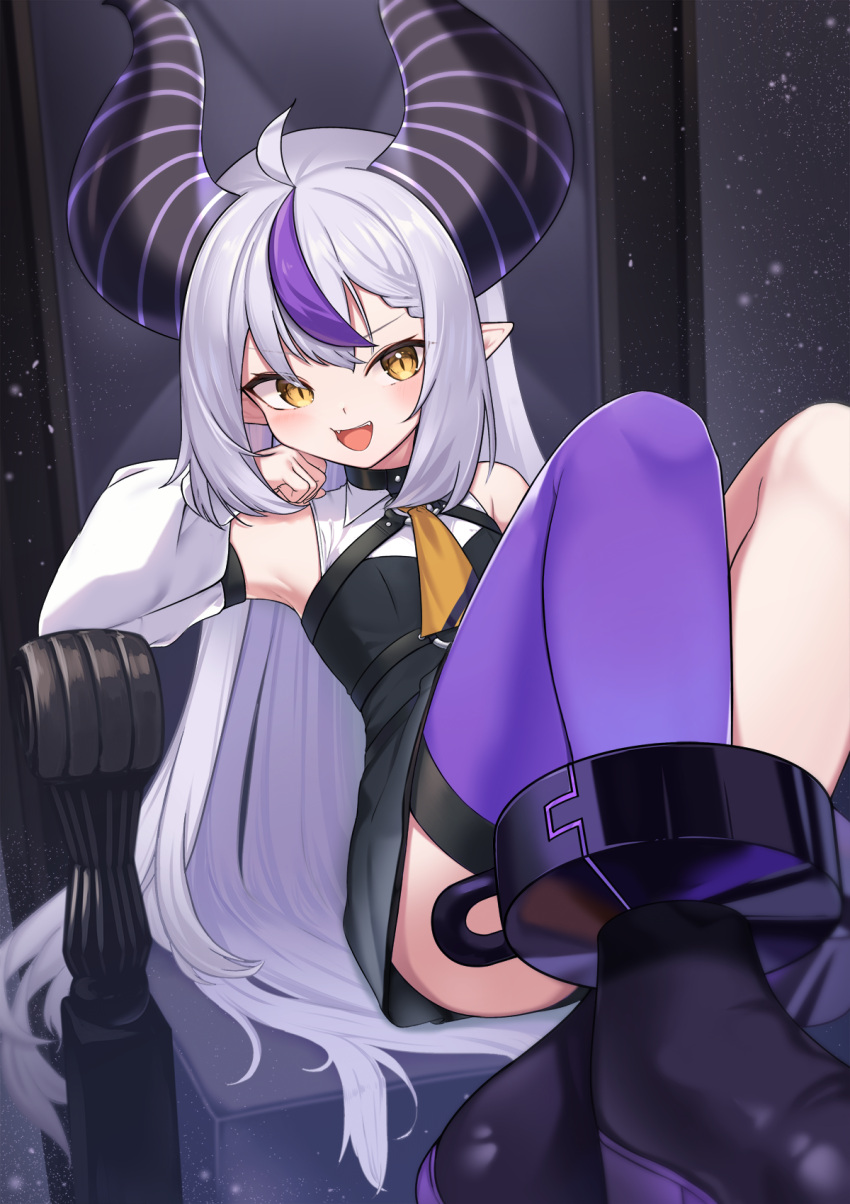 1girl ahoge ankle_cuffs ascot asymmetrical_legwear bare_shoulders boots cuffs demon_girl detached_sleeves grey_hair high_heel_boots high_heels highres hololive horns la+_darknesss long_hair mismatched_legwear multicolored_hair nanana_narang neckerchief open_mouth pointy_ears purple_hair purple_thighhighs single_thighhigh sleeveless slit_pupils solo streaked_hair thighhighs very_long_hair virtual_youtuber yellow_ascot yellow_eyes