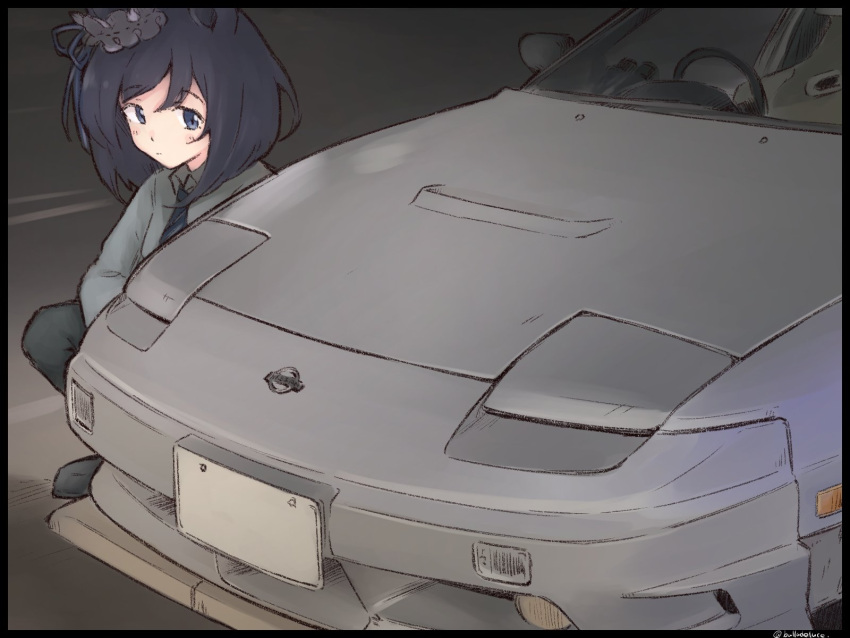 1girl balladeluce black_border black_hair blue_eyes blue_necktie border car closed_mouth collared_shirt eishin_flash_(umamusume) highres looking_at_viewer motor_vehicle necktie nissan nissan_180sx scrunchie shirt short_hair solo twitter_username umamusume vehicle_focus