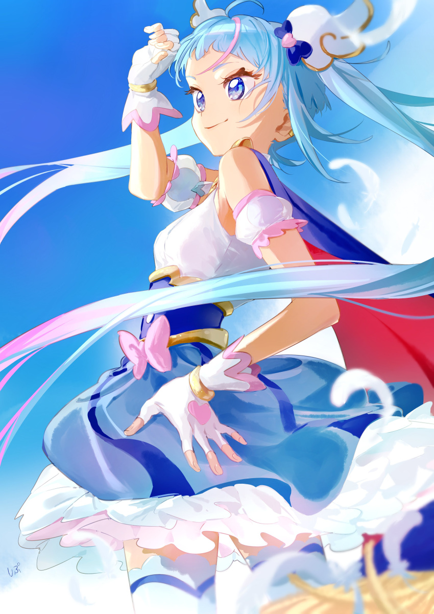 1girl absurdres ahoge blue_eyes blue_hair blue_skirt bow cape commentary cure_sky detached_sleeves fingerless_gloves gloves hand_on_hip highres hirogaru_sky!_precure magical_girl pink_bow precure puffy_detached_sleeves puffy_sleeves shipu_(gassyumaron) single_sidelock skirt smile sora_harewataru thighhighs twintails two-sided_cape two-sided_fabric white_gloves white_thighhighs wing_hair_ornament