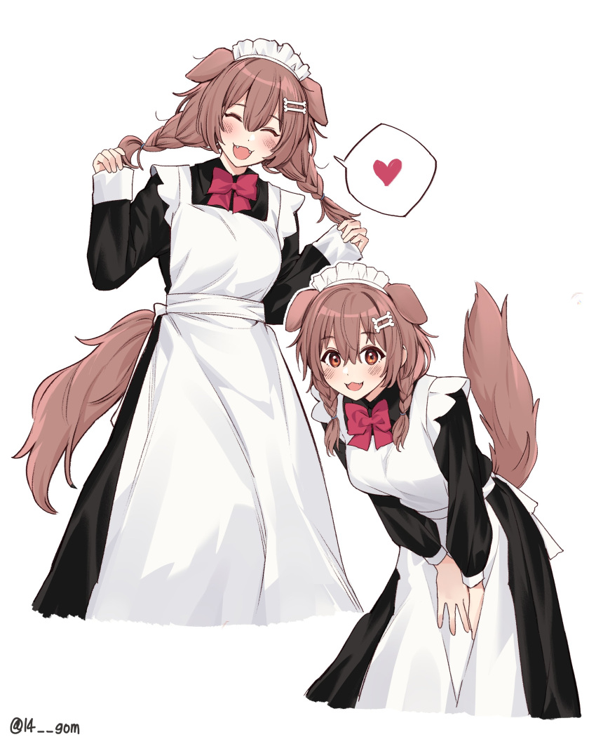 14_(vision5032) 1girl absurdres alternate_costume animal_ears apron black_dress bone_hair_ornament braid brown_eyes brown_hair commentary dog_ears dog_girl dog_tail dress enmaided fangs feet_out_of_frame full_body hair_ornament heart highres hololive inugami_korone leaning_forward long_dress long_sleeves maid maid_apron maid_headdress multiple_views neck_ribbon open_mouth red_ribbon ribbon shoes smile socks spoken_heart standing tail twin_braids virtual_youtuber white_apron