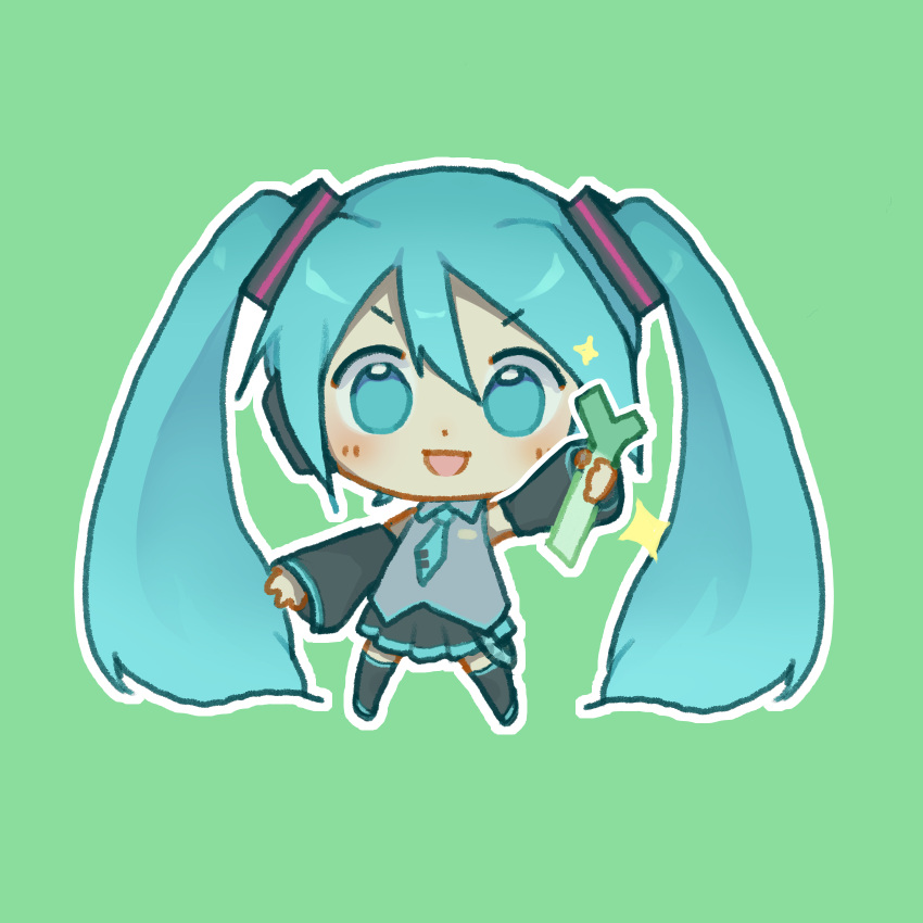 1girl arm_up bangs black_skirt black_sleeves black_thighhighs blue_eyes blue_hair blue_necktie blue_trim blush chibi collared_shirt commentary detached_sleeves earpiece english_commentary flat_chest food full_body green_background grey_shirt hair_ornament happy hatsune_miku highres holding holding_food holding_vegetable legs_apart long_hair long_sleeves looking_at_viewer miniskirt narvi necktie open_mouth outline outstretched_arms pleated_skirt shirt sidelocks simple_background sketch skirt sleeveless sleeveless_shirt smile solo sparkle spring_onion standing thighhighs twintails v-shaped_eyebrows vegetable very_long_hair vocaloid white_outline wide_sleeves zettai_ryouiki