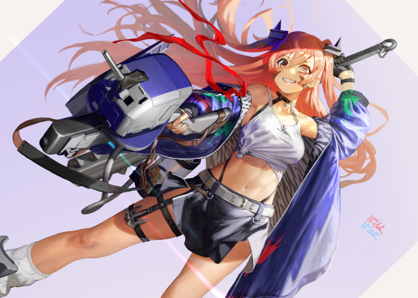 1girl 9-ga asymmetrical_gloves bangs black_gloves black_skirt blue_jacket brown_eyes dated fake_horns gloves grin hair_between_eyes heterochromia highres holding horns jacket johnston_(kancolle) kantai_collection leg_warmers light_brown_hair long_hair mismatched_gloves navel official_alternate_costume open_clothes open_jacket revision signature skirt smile solo two_side_up