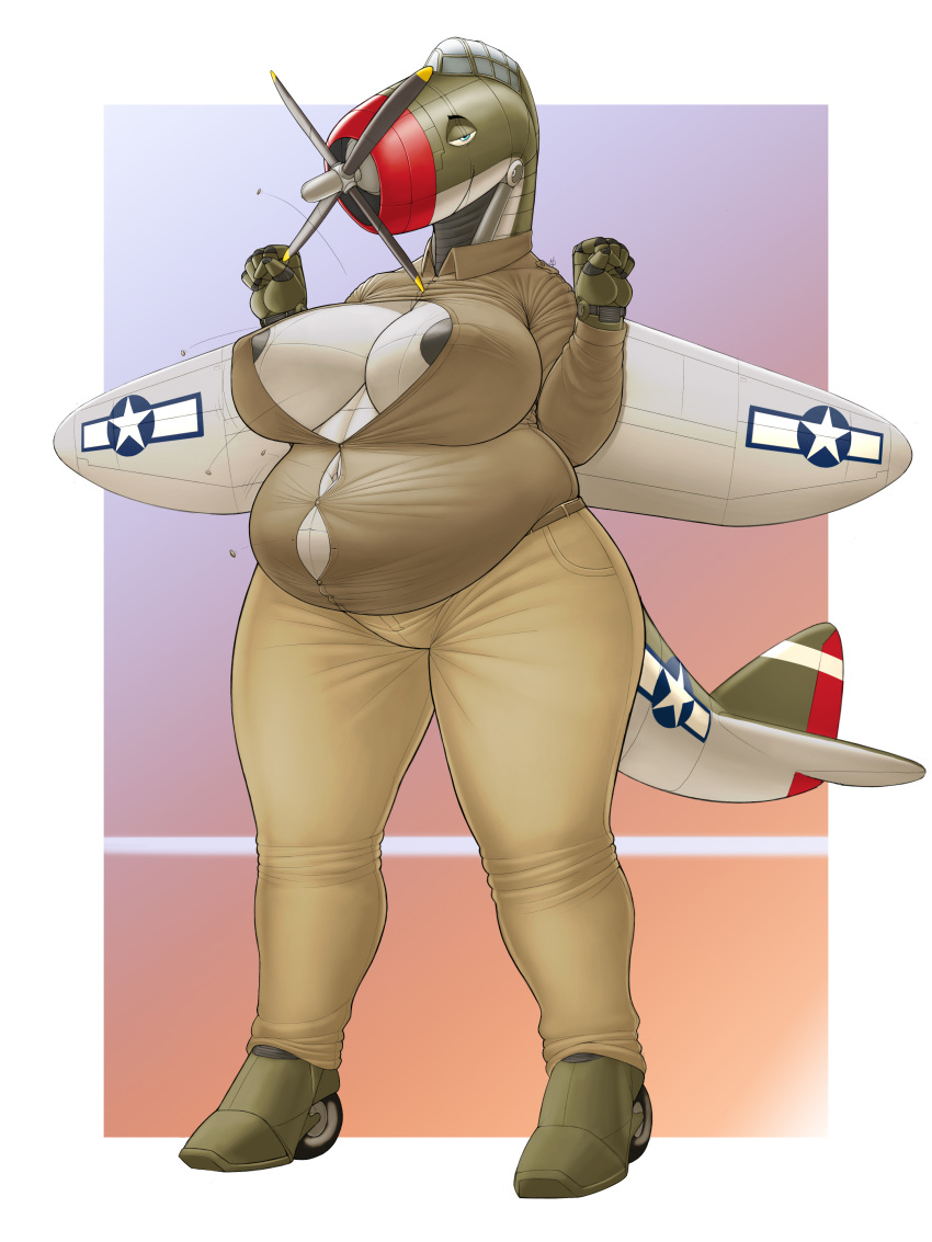 2023 absurd_res aircraft anthro bedroom_eyes belly big_belly big_breasts blue_eyes breasts brown_clothing button_pop charlotte_(panzerschreckleopard) chubby_female clothing colored deep_navel dress_shirt female green_body hi_res living_aircraft living_machine living_vehicle looking_at_viewer machine narrowed_eyes navel ndragon3 nipples overweight overweight_female p-47 p-47_thunderbolt seductive shaded shirt soft_shading solo tight_clothing topwear vehicle wardrobe_malfunction white_body world_war_2