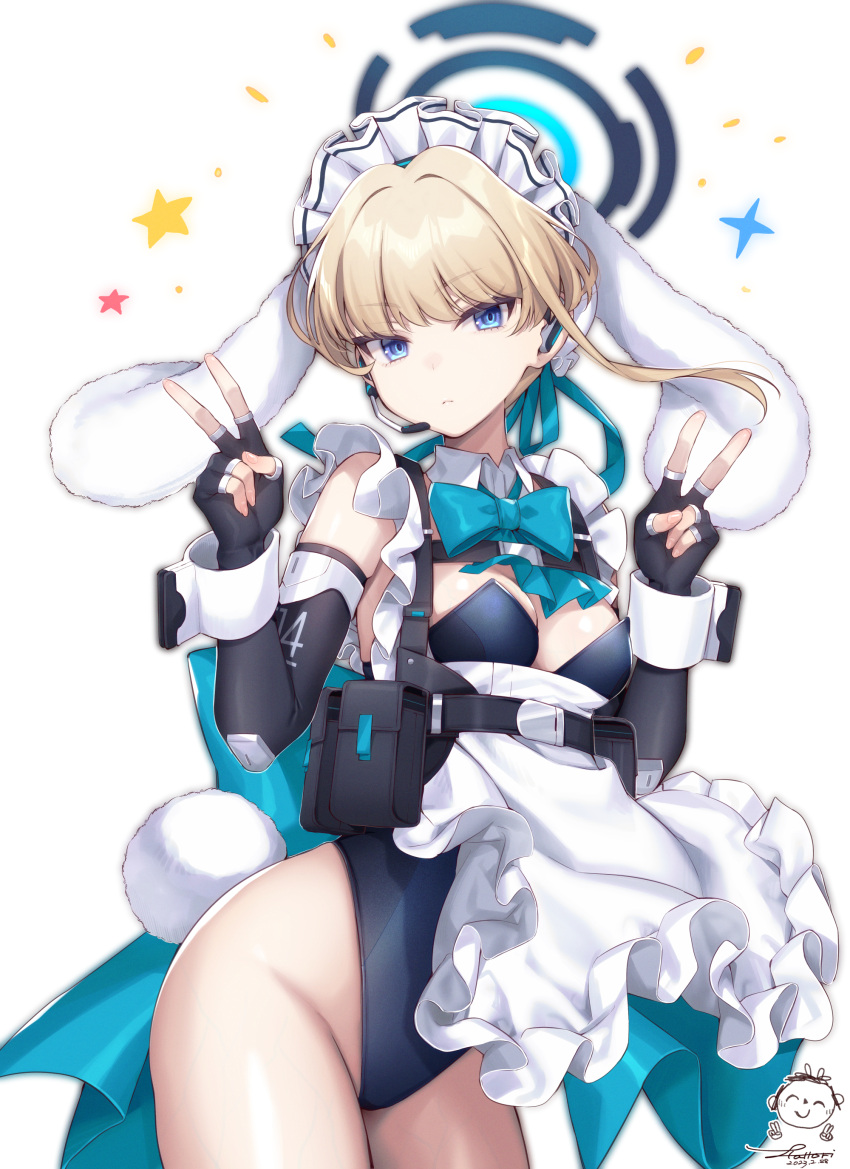 1girl absurdres animal_ears apron arona's_sensei_doodle_(blue_archive) bare_shoulders blonde_hair blue_archive blue_bow blue_bowtie blue_eyes blue_leotard blue_ribbon bow bowtie breasts bun_cover chest_harness cleavage closed_mouth commentary cowboy_shot dated double_v earpiece elbow_gloves fake_animal_ears fake_tail fingerless_gloves floppy_ears frilled_apron frilled_hairband frills gloves groin hair_ribbon hairband halo hands_up harness hattori_masaki highleg highleg_leotard highres leotard looking_at_viewer maid_apron maid_headdress microphone playboy_bunny pouch rabbit_ears ribbon sensei_(blue_archive) short_hair signature simple_background small_breasts solo star_(symbol) symbol-only_commentary tail thighs toki_(blue_archive) v white_background white_hairband white_wrist_cuffs wrist_cuffs