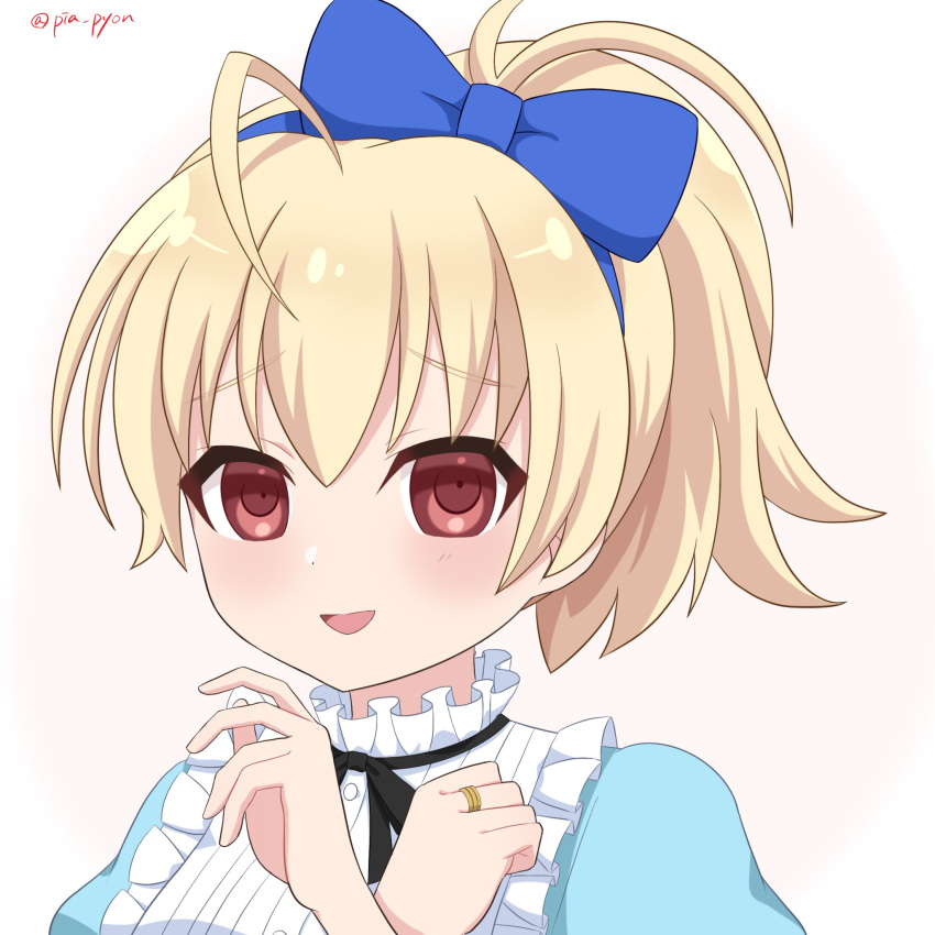 1girl ahoge alice_(alice_in_wonderland) alice_(alice_in_wonderland)_(cosplay) alice_in_wonderland andou_tazusa assault_lily bangs black_ribbon blonde_hair blue_bow blue_hairband blue_shirt bow bow_hairband buttons commentary_request cosplay frilled_shirt frilled_shirt_collar frills gradient_background hair_bow hairband hands_up high_ponytail highres jewelry light_blush looking_at_viewer neck_ribbon official_alternate_costume parted_lips piatin pink_background ponytail portrait puffy_sleeves raised_eyebrows red_eyes ribbon ring shirt short_hair smile solo twitter_username two-tone_shirt white_background white_shirt