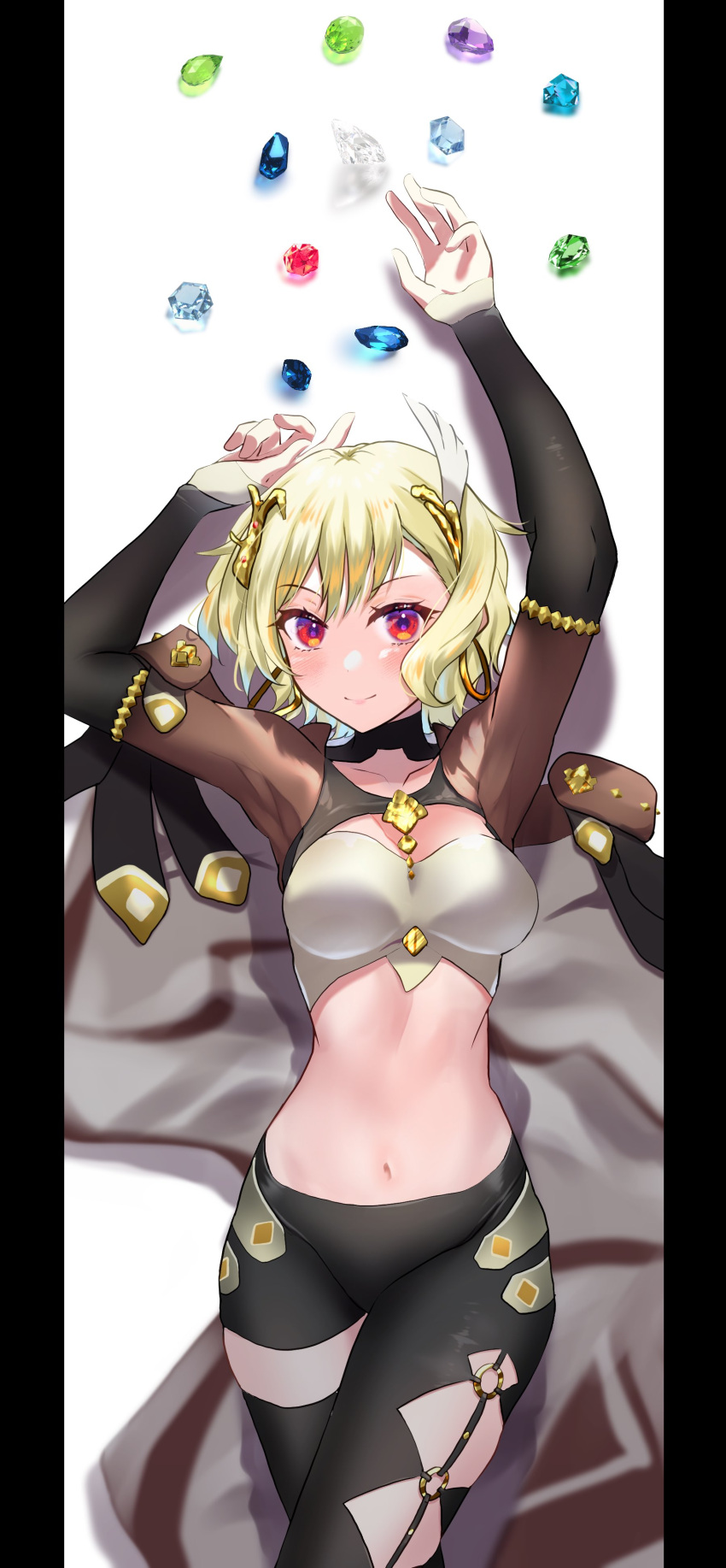 1girl absurdres arms_up asymmetrical_clothes black_pants black_thighhighs blonde_hair breasts citrinne_(fire_emblem) commentary cowboy_shot crop_top earrings feather_hair_ornament feathers fire_emblem fire_emblem_engage gem hair_ornament highres hoop_earrings jewelry large_breasts leggings long_sleeves looking_at_viewer midriff mu_tu_bu navel pants red_eyes short_hair single_pantsleg single_thighhigh solo standing stomach thighhighs white_background