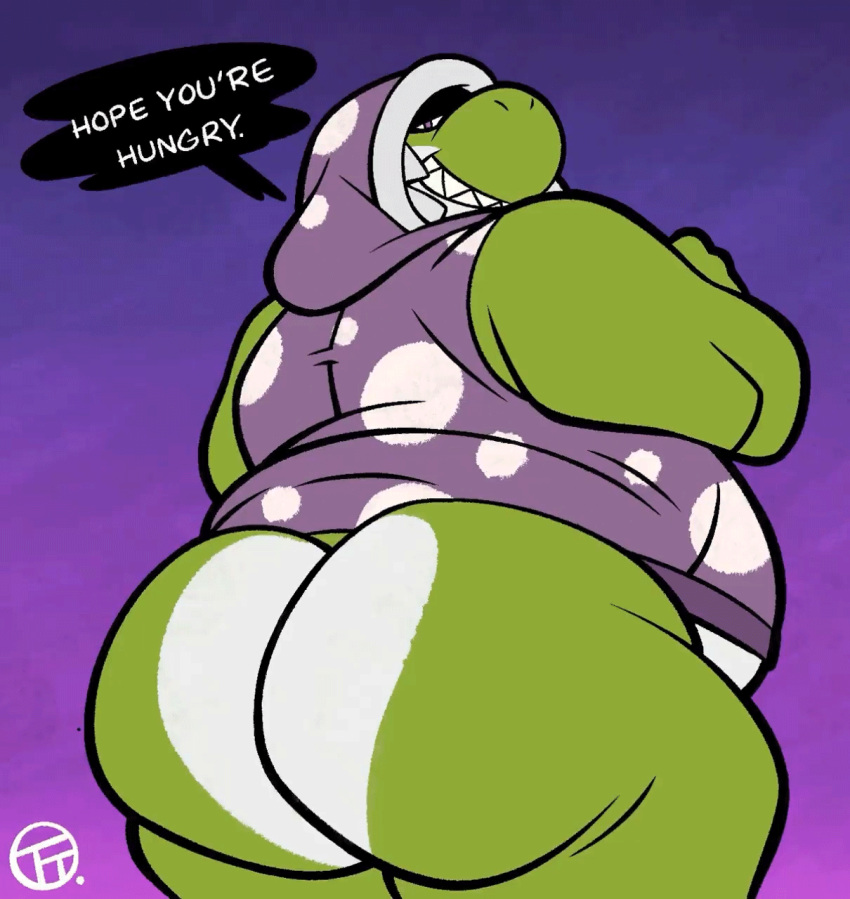 2023 animated anthro anus ass_clapping big_butt bottomless butt butt_focus butt_jiggle clothed clothing dialogue dinosaur english_text green_yoshi grin hi_res hoodie hoodie_only jiggling looking_at_viewer looking_back looking_back_at_viewer male mario_bros nintendo overweight overweight_male presenting presenting_hindquarters rear_view reptile scalie shadowed_eyes shaking_butt short_playtime simple_background smile solo text thick_thighs topwear topwear_only trashtoonz veni_(nkz) yoshi