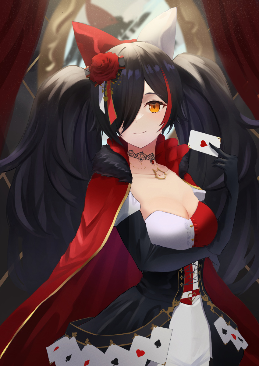 1girl absurdres black_gloves breasts cape card cleavage dress elbow_gloves flower gloves hair_flower hair_ornament hair_over_one_eye highres holding holding_card hololive imocy long_hair medium_breasts ookami_mio queen_of_hearts_symbol red_cape red_dress red_flower smile solo twintails two-tone_dress virtual_youtuber white_dress yellow_eyes