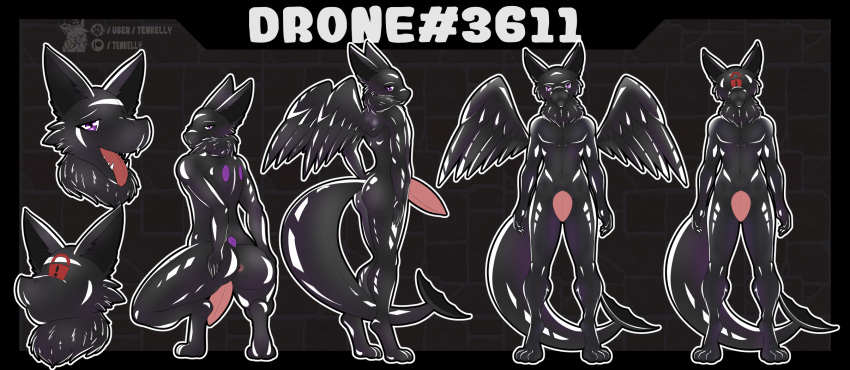 anthro anus big_butt big_penis butt drone genitals hi_res latex latex_drone lock male model_sheet nintendo penis pokemon smile smirk solo tenkelly thick thick_thighs tongue wings