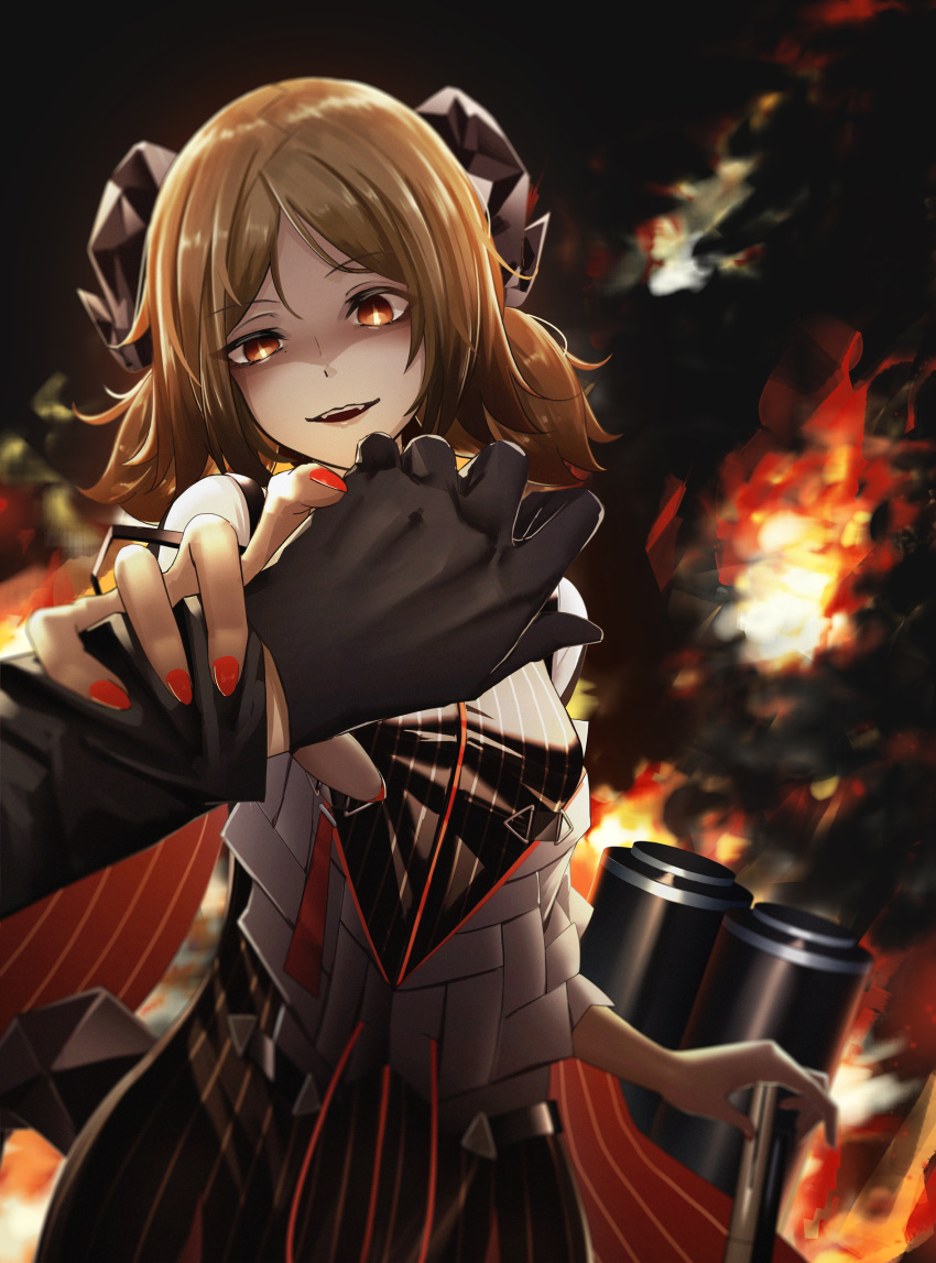 1girl 1other absurdres arknights bangs black_dress black_gloves breasts brown_hair commission cowboy_shot dress fingernails fire gloves highres holding_another's_wrist horns ifrit_(arknights) kureneko long_fingernails looking_at_viewer low_twintails multiple_girls nail_polish parted_bangs parted_lips pixiv_commission pov red_eyes red_nails shaded_face small_breasts solo_focus striped striped_dress twintails vertical-striped_dress vertical_stripes
