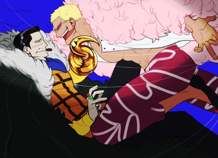 2boys bad_id bad_twitter_id bare_pectorals black_hair blonde_hair cigar clenched_teeth coat crocodile_(one_piece) donquixote_doflamingo duel earrings feather_coat feet_out_of_frame from_side frown highres hook_hand jewelry liliiliillj long_sleeves male_focus multiple_boys muscular muscular_male one_piece pectorals short_hair smile smoking stitches sunglasses teeth