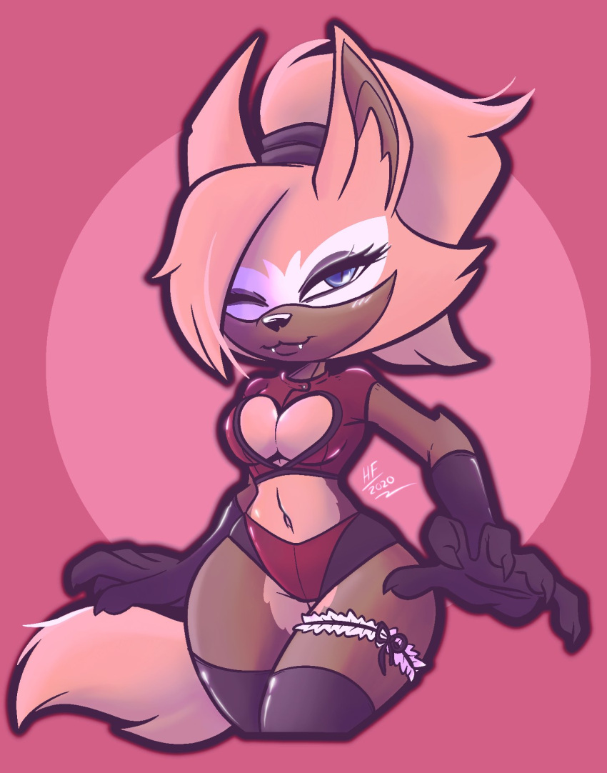 anthro blonde_hair blue_eyes breasts canid canine canis cleavage_cutout clothed clothing female fur gloves hair handwear hedgehogfever hi_res legwear looking_at_viewer mammal multicolored_body one_eye_closed ponytail simple_background solo thick_thighs thigh_highs two_tone_body wolf