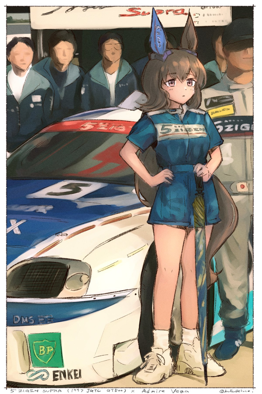 1girl admire_vega_(umamusume) alternate_costume animal_ears balladeluce bare_legs border brown_eyes brown_hair car character_name enkei hand_on_hip highres horse_ears horse_girl long_hair motor_vehicle people race_vehicle racecar shoes short_sleeves sneakers socks solo_focus standing toyota_supra twitter_username umamusume umbrella vehicle_name white_border white_footwear white_socks