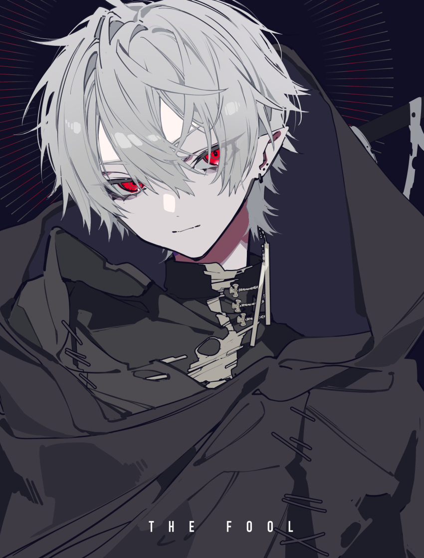 1boy black_background black_cloak black_shirt cloak closed_mouth ear_piercing earrings expressionless eyes_visible_through_hair grey_hair hair_between_eyes highres hood hood_down hooded_cloak jewelry kuzuha_(nijisanji) looking_at_viewer male_focus mochizuki_kei mole mole_under_eye nijisanji piercing pointy_ears red_eyes shirt short_hair solo sunburst the_fool_(tarot) torn_clothes turtleneck upper_body virtual_youtuber