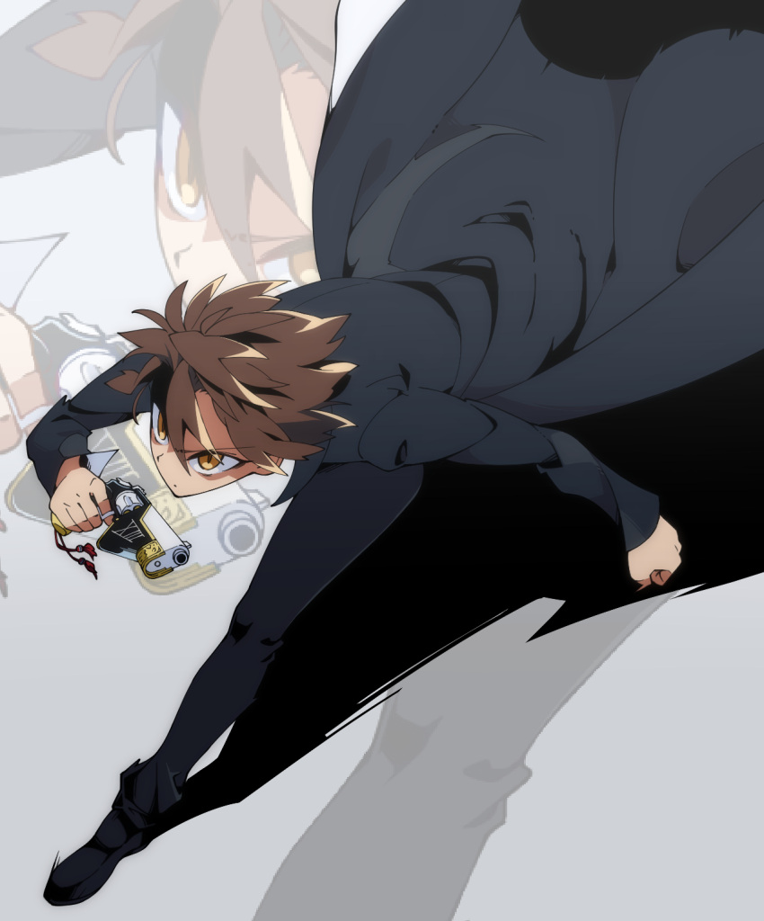 1boy black_cat_(series) brown_hair gun highres holding holding_gun holding_weapon mikan_(mkn_0710) revolver running slit_pupils solo train_heartnet weapon white_background yellow_eyes