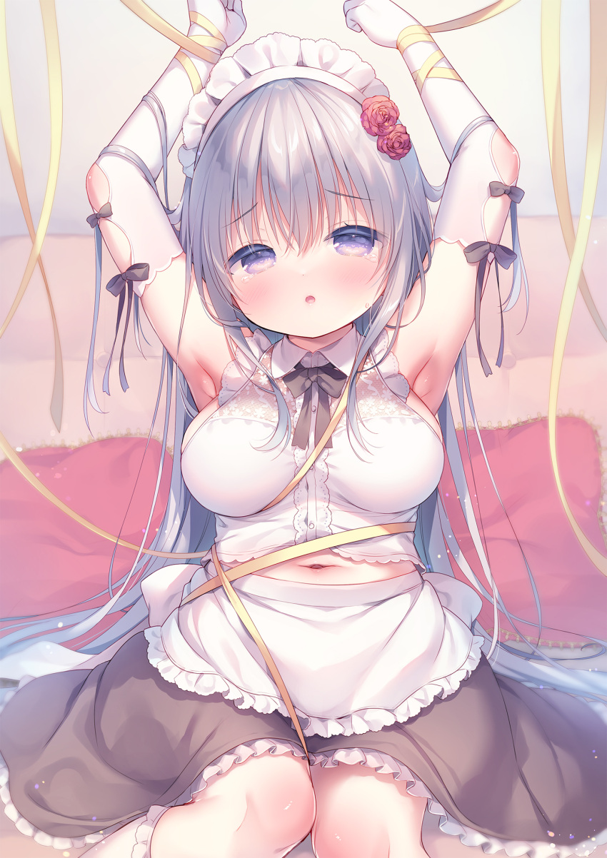 1girl apron armpits arms_up bangs bare_shoulders black_gloves black_skirt breasts commentary_request couch elbow_gloves flower frilled_apron frilled_skirt frilled_socks frills gloves grey_hair hair_between_eyes hair_flower hair_ornament highres long_hair looking_at_viewer maid maid_headdress medium_breasts moe2023 navel on_couch original pillow purple_eyes red_flower red_rose ribbon rose shirt skirt sleeveless sleeveless_shirt socks solo tears usashiro_mani very_long_hair waist_apron white_apron white_gloves white_shirt white_socks yellow_ribbon
