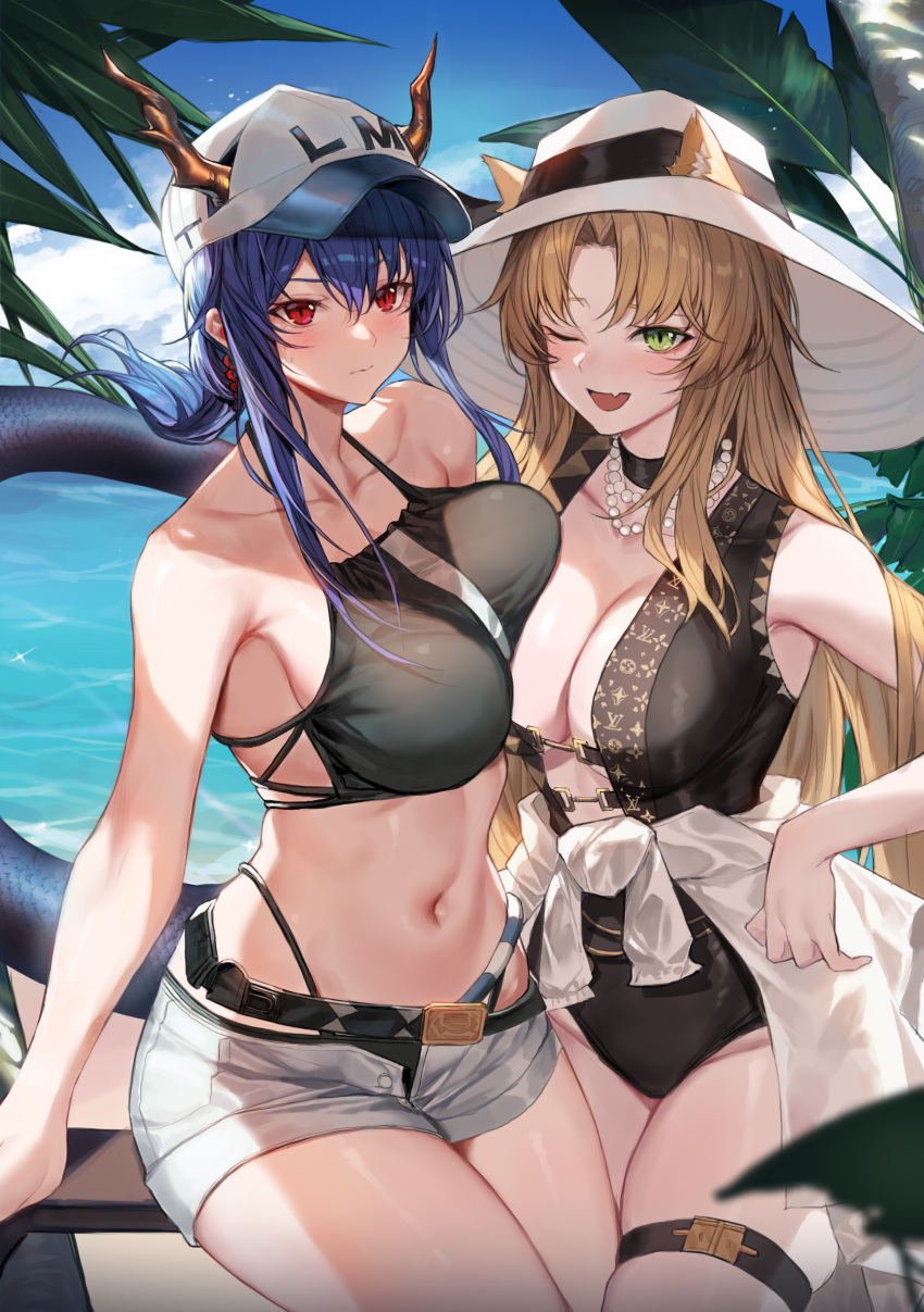 2girls absurdres arknights asymmetrical_docking breast_press breasts ch'en_(arknights) female_tourist_c_(arknights) highres large_breasts molyb multiple_girls swire_(arknights)