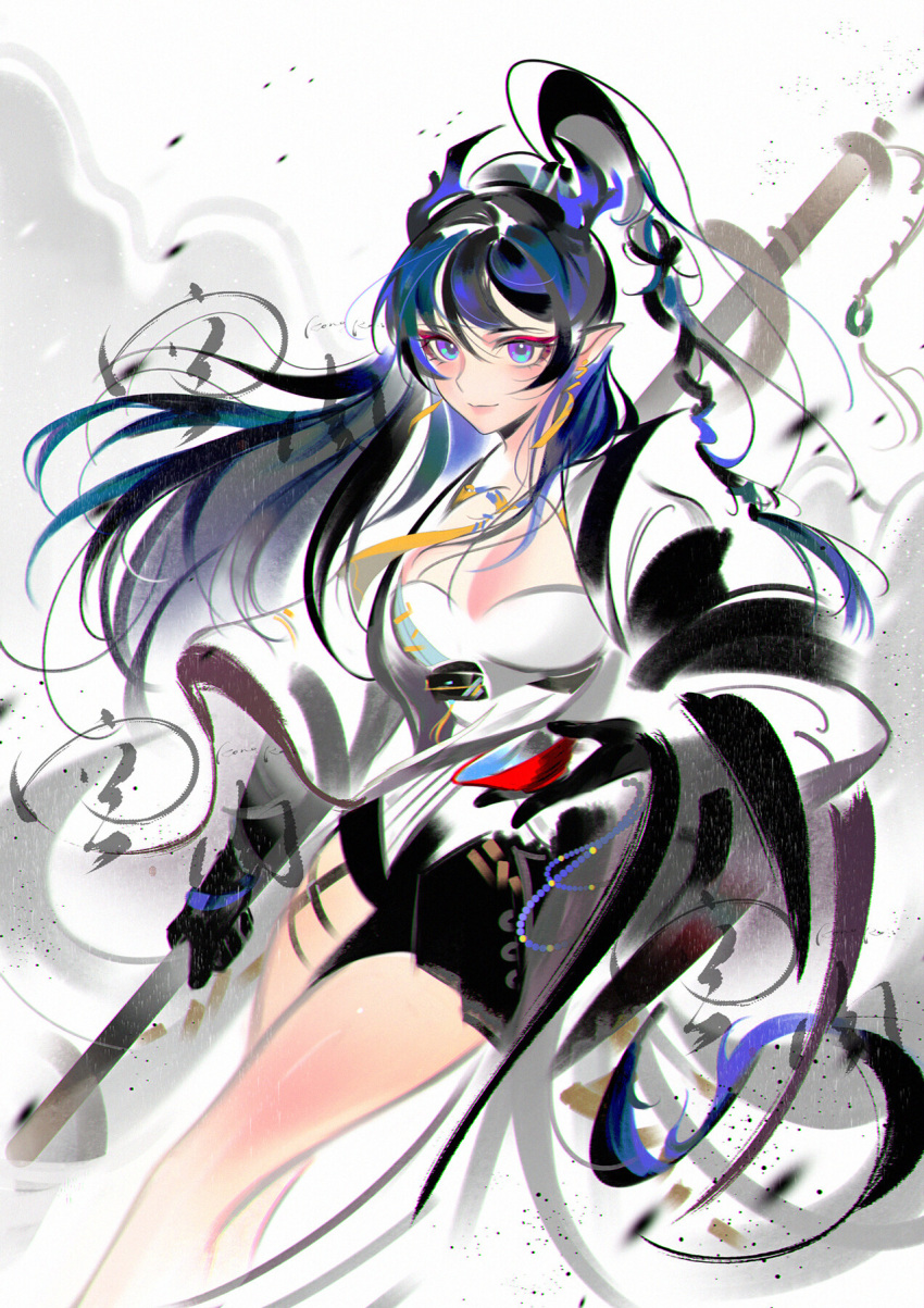 1girl arknights black_gloves black_shorts blue_eyes blue_hair braid closed_mouth coat color_ink_(medium) dress earrings gloves highres holding holding_polearm holding_weapon jewelry kongkong_rourourou ling_(arknights) long_hair necklace pointy_ears polearm red_eyeliner shorts smile solo upper_body weapon white_background white_coat white_dress