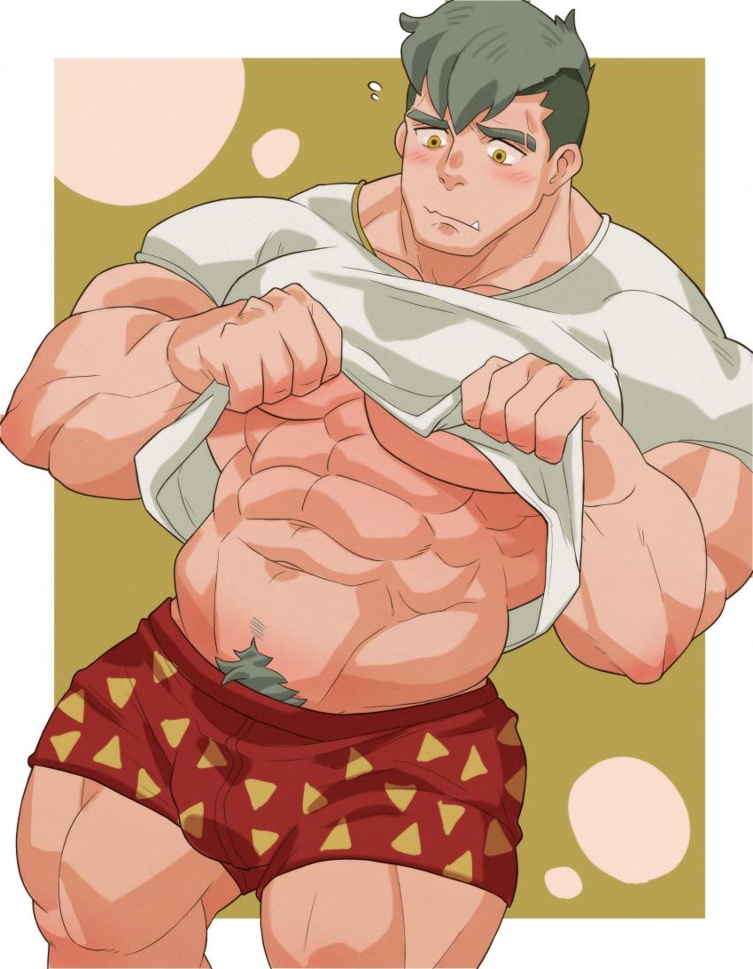 1boy abs alternate_muscle_size alternate_pectoral_size bara blush boxers bulge clothes_lift eyebrow_cut feet_out_of_frame highres large_pectorals lifted_by_self male_focus male_pubic_hair male_underwear muscular muscular_male nervous nipples pectorals print_male_underwear pubic_hair raineru_(gryffindor131) red_male_underwear shirt_lift short_hair sideburns solo standing stomach thick_eyebrows thick_thighs thighs tusks undercut underpec underwear vladimir_elliot_kirilenko wan_sheng_jie yellow_eyes