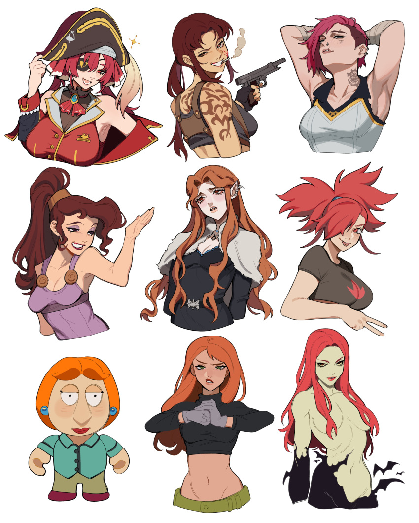 absurdres arcane:_league_of_legends black_lagoon castlevania devil_may_cry_(series) gun highres kim_possible league_of_legends muscular muscular_female navel pokemon porqueloin red_hair revy_(black_lagoon) tato vi_(league_of_legends) weapon