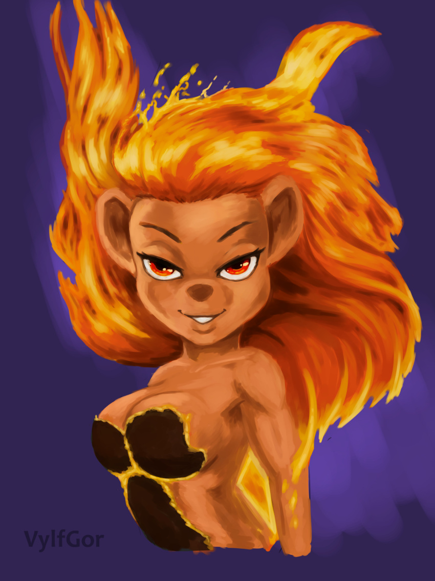 2023 anthro breasts chip_'n_dale_rescue_rangers clothed clothing digital_media_(artwork) digital_painting_(artwork) disney female fire flaming_hair fur gadget_hackwrench hair hi_res humanoid humanoid_face long_hair looking_at_viewer mammal mouse murid murine orange_hair portrait pseudo_hair red_eyes rodent simple_background smile solo vylfgor